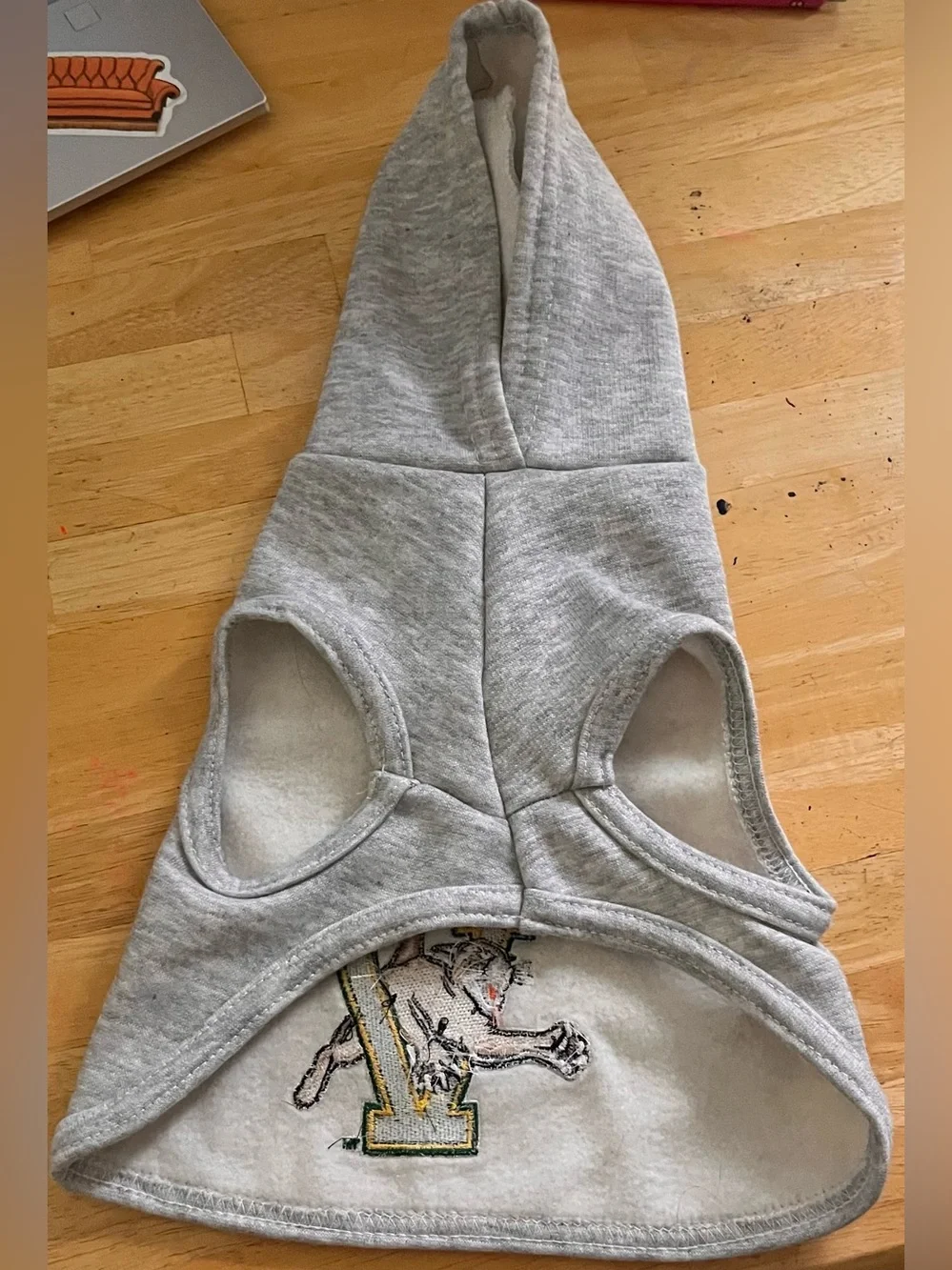 Gray Dog Hoodie Vest with Green & Yellow 'V' Mascot